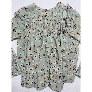 Monte The Label Smocked Floral Blouse Womens Sz M Sage Green Long Sleeve Peasant